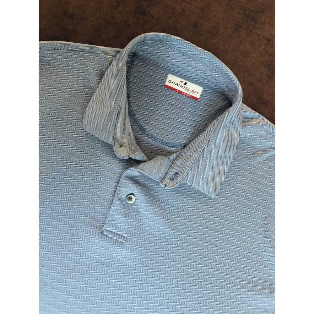 Grand Slam Performance Mens Large Light Blue Micro Stripe Short Sleeve Golf Polo